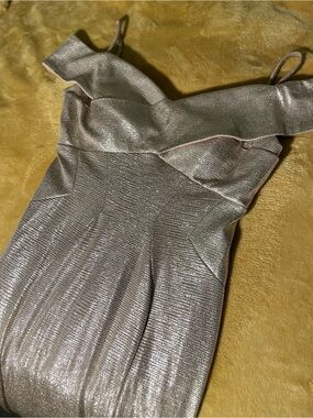 Night Way Collections Metallic Shoulder Strap Dress in Silver Champagne